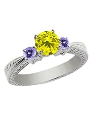 1.04 Ct Round Canary Diamond Blue Tanzanite 925 Sterling Silver 3-Stone Ring
