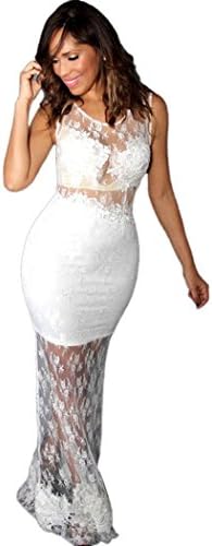 Mxtoppy Women Sexy Maxi Dress Night Clubwear Party Cocktail Lace See Through White (One Size)
