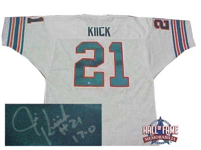 Jim Kiick Miami Dolphins Autographed/Hand Signed White Jersey with 17-0 inscription