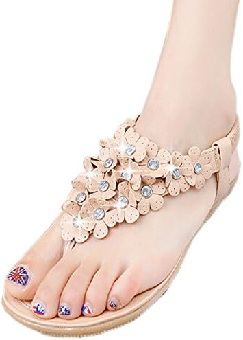Zeagoo Women Flower Beading T-strap Flip-flop Shoes Flats Sandals (US 6, Pink Rhinestone)
