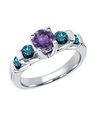 1.63 Ct Round Purple Amethyst Blue Diamond 18K White Gold Ring