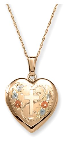 14k Yellow Gold Engraved Cross Heart Locket, 18″