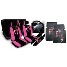 13-piece Auto Interior Gift Set - 2 Multicolor Hearts Front Low Back Bucket Seat Covers, 2 Multicolor Hearts Head Rest Covers, 1 Multicolor Hearts Steering Wheel Cover, 2 Multicolor Hearts Shoulder Harness Pressure Relief Covers, and a Set of 2 Universal Fit Multicolor Hearts rubber Floor Mats for Cars / Trucks