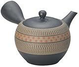 常滑焼 昭萌黒丸形グレー赤点帯網急須 F1070