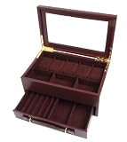 Brown leather jewelry watch and pen case with clear lid