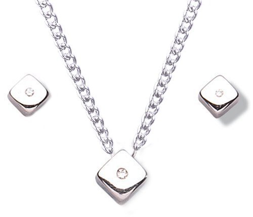 Silver & Diamond Ladies Polish Cube Earrings And 16 Pendant Set