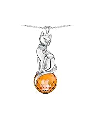 Original Star K (tm) Large Cat Pendant with 10mm Simulated Imperial Yellow Topaz faceted Ball in 925 Sterling Silver
