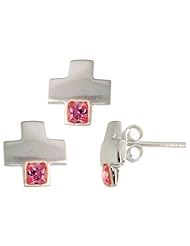 Sterling Silver Matte-finish Greek Cross Earrings (10mm tall) & Pendant Slide (10mm tall) Set, w/ Princess Cut Pink Tourmaline-colored CZ Stones