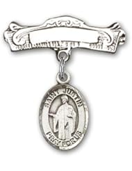 Sterling Silver Baby Badge with St. Justin Charm and Arched Polished Badge Pin