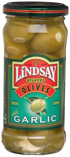 Lindsay Olive Whole Garlic Stuffed Queen Olives, 4.5-Ounce Glass Jars (Pack of 6) by Lindsay Olive