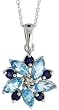 10k White Gold 18 Chain & 11/16 (17mm) tall Flower Pendant, w/ 1.70 Total Carat Weight of Round Brilliant Diamond, Round Cut Blue Sapphire & Marquise Cut Blue Topaz Stones