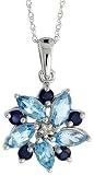 10k White Gold 18 Chain & 11/16 (17mm) tall Flower Pendant, w/ 1.70 Total Carat Weight of Round Brilliant Diamond, Round Cut Blue Sapphire & Marquise Cut Blue Topaz Stones