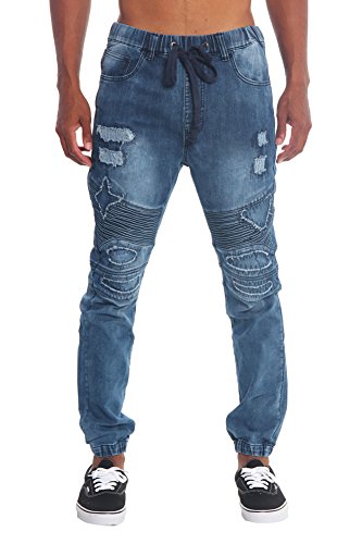 Victorious Distressed Biker Denim Jogger Pants JG870 - INDIGO - Small - E19G