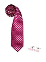 SILVIO SILVANI Pack Corbata Morada Con Topos Blancos + Gemelos Con Piedra Rosa