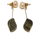Pearl Earrings 03 Dangling Serpentine 14 Karat Gold White Green Post Natural 2