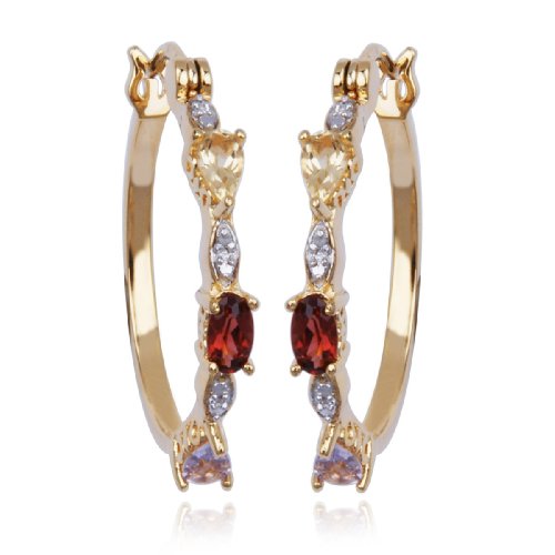 18k Yellow Gold Plated Sterling Silver Multi-Gemstone and Diamond Hoop Earrings (1.0