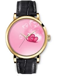 SPRAWL Aanalog Fashion Series Gold Ladies Watches of Genuine Black Leather Strap,Unique Wrist Watch for Women Girls Designed with Hearts on pink background