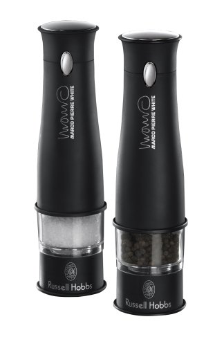 Marco Pierre White by Russell Hobbs 14558 Salt and pepper Grinders with Soft touch black & Chrome with Ceramic grinding system