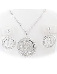 Rhodium Plated Sterling Silver Hammered Concentric Rings Laser Cut Filigree Lace Circle Pendant Cable Chain Necklace 18 Inch Earrings Italy