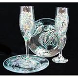 Mardi Gras Fireworks Design - Hand Painted - Toasting Flutes - 6 oz. & 7 inch Cake Plates