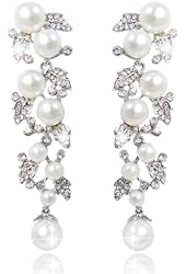 EVER FAITH&reg; Bridal Ivory Color Cream Simulated Pearl Leaf Dangle Earrings Clear Austrian Crystal