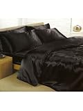 6pc Satin Bedding Black Double Duvet Cover Set (inc 1 duvet cover,1 fitted sheet,4 pillowcases)