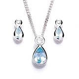 Silver Pendant Necklace and Earrings Set with Teardrop Sky Blue Topaz and CZ