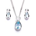 Silver Pendant Necklace and Earrings Set with Teardrop Sky Blue Topaz and CZ