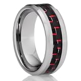 8MM Men's Tungsten Carbide Ring Wedding Band with Black and Red Carbon Fiber Inlay
