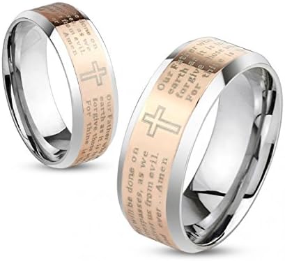 DSJ Stainless Steel Rose Gold IP Lord's Prayer & Outlined Cross Two-Toned Beveled Edge Band Ring Size 9