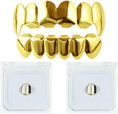 Men's Gold Tone Top & Bottom Fangs Grillz Hip Hop Bling Bling Mouth 6 Teeth Caps