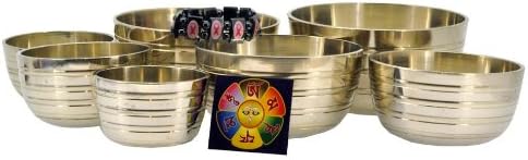 Tibetan Buddhist Brass Mantra Singing Bowl Set, Chakra Singing Bowl Set, Seven Bowls Per Set, Free Copyrighted Buddha Eye Tibetan Mantra Prayer Fridge Magnet and Breast Cancer Awareness Magnetic Hematite Bracelet
