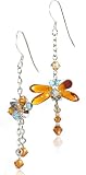 Original Design Amber - Aqua Swarovski Crystal Dragonfly Uneven Dangle Sterling Silver Earring (3033)