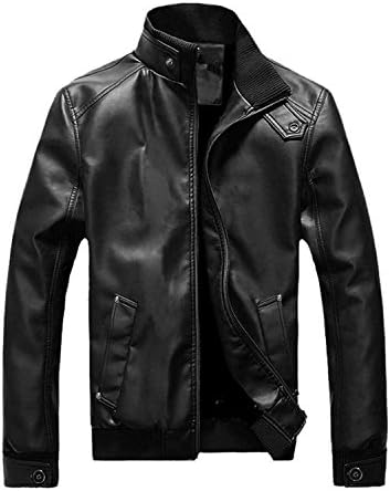 Haqi Men's British Style Stand-collar Zipper Faux Leather Motorcycle Coat Jacket L Black