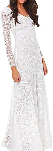 HaoDY Women's Sexy Hollow Out Deep V Neck Lace Party Full Length Dress L White