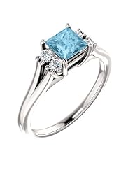 10K White Gold 5.00x5.00mm Princess Cut Aquamarine and Diamond Ring -- LIFETIME WARRANTY