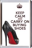 KEEP CALM and CARRY ON BUYING SHOES Fridge Magnet printed on an image of a black Christian Louboutin shoe showing the iconic red sole, from our Keep Calm and Carry On series - an original stocking filler Gift Idea.