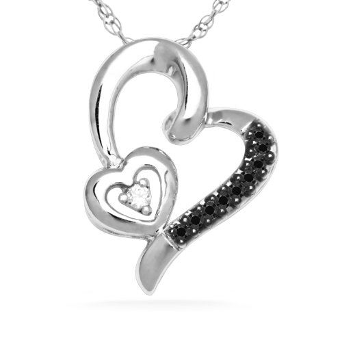 платина Plated чистое серебро черный и белый круглой формы с бриллиантами Double Heart Pendant (1/10 cttw)