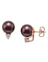 Chocolate Tahitian Pearl Earrings with Diamonds in 14K Rose Gold (9-10mm)
