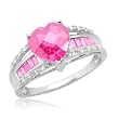 10k White Gold Heart-Shaped and Baguette Created Pink Sapphire with Diamond Heart Ring