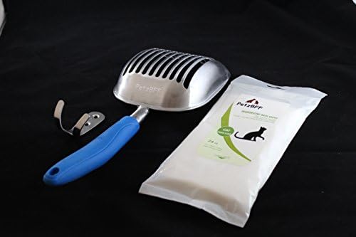 PetzBFF Polished Aluminum Cat Litter Scoop with Hanging Bracket and 24-Count Deodorizing Bath Wipes for Pet Kitten Care