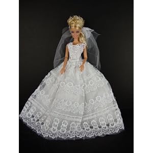 Very Delicate White Wedding Gown with Lace Accents on the Botice and Veil and Gloves Made to Fit the Barbie Doll Very Delicate White Wedding Gown with Lace Accents on the Botice and Veil and Gloves Made to Fit the Barbie Doll