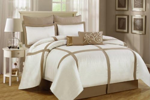 Luxurious 8pc Jacquard Comforter Set Squares (Cream, Queen)