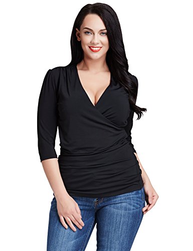 LookbookStore Women's Plus Size Crossover Faux Wrap Ruched Pullover Blouse Shirt