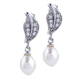 Sterling Silver Crystal Leaf Dangling Dangle Pearl Earrings