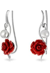 Mothers Day Gifts 925 Silver Red Resin Rose Freshwater Cultured Pearl Ear Crawlers