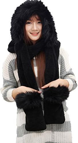 Fashion Land Girls Winter Cotton Velvet Fur Collar Hat Scarf Gloves Set 3 in 1 Gift Black
