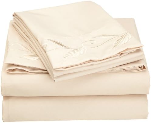 Cathay Home Fashions Luxury Silky Soft Leaf Design Embroidered Microfiber Queen Sheet Set, Cream