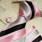 H5009 NEW Designes Black Pink Striped 100% Jacquard Woven Silk Tie Hanky Mens Necktie and Cuff Links Cufflinks and Handkerchiefs Set