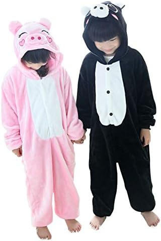 Tjia Winter Kid Cosplay Pig Flannel Animal Pajamas (M (49"- 53"), black)
